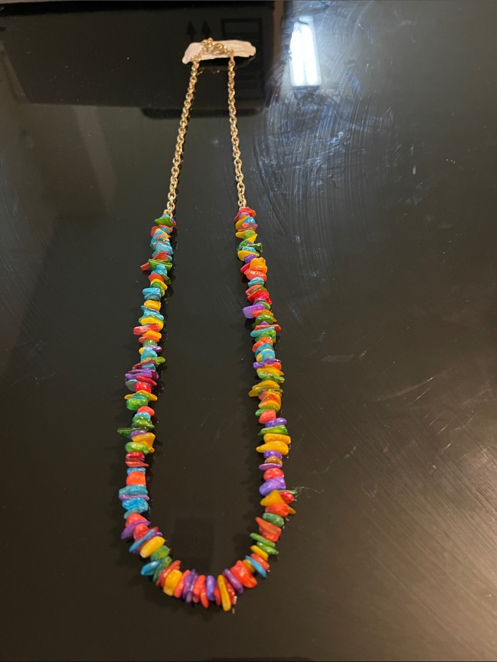 Gold-Chain Multicolor Chip Bead Necklace - Rainbow Accent